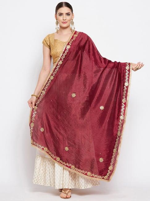 clora creation maroon embellished silk dupatta