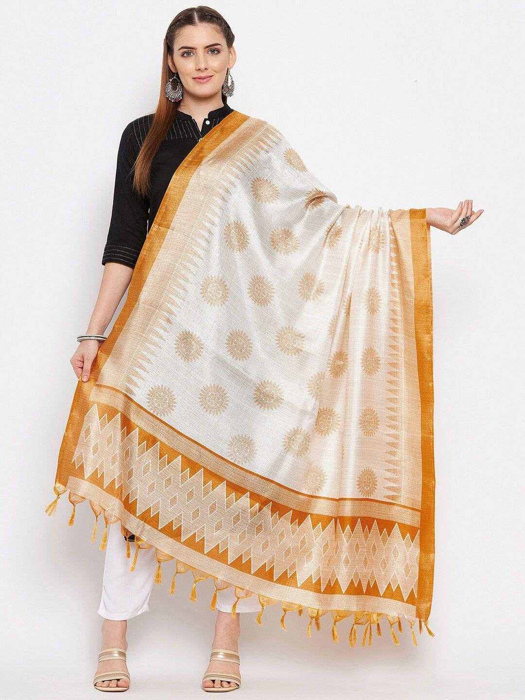 clora creation mustard & off white printed silk blend dupatta