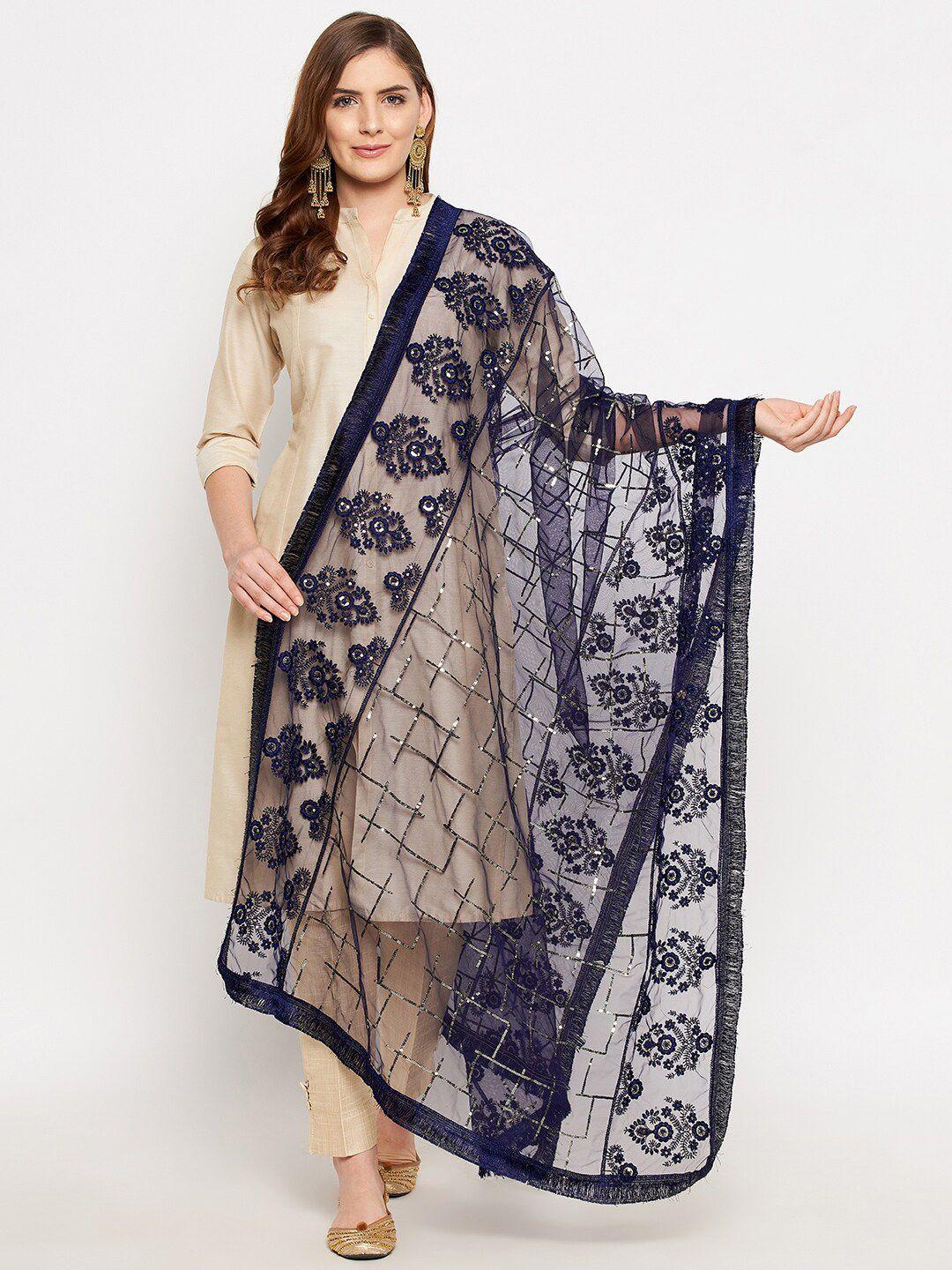 clora creation navy blue & gold-toned embroidered dupatta with sequinned