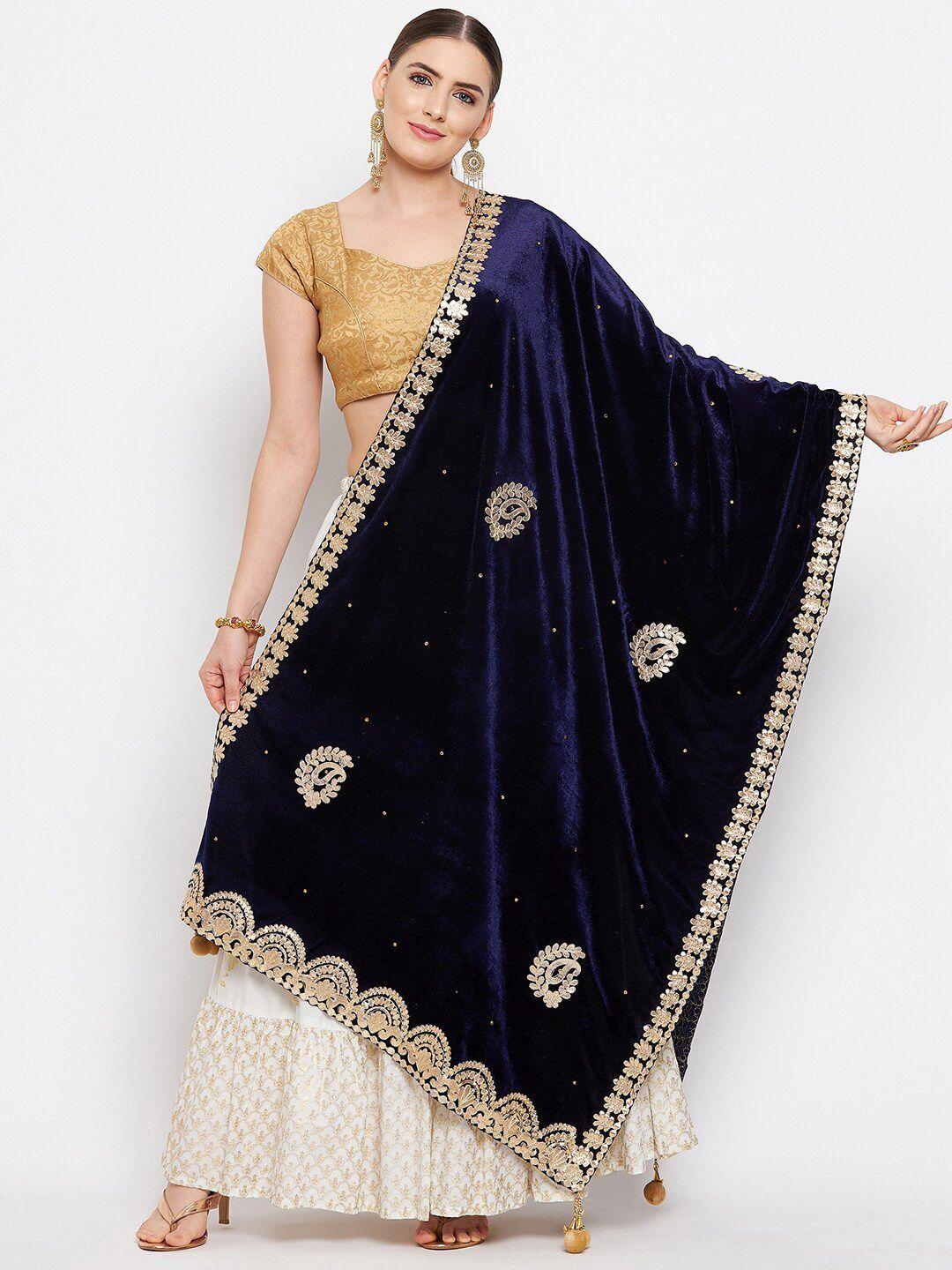 clora creation navy blue & gold-toned ethnic motifs embroidered velvet dupatta with gotta patti