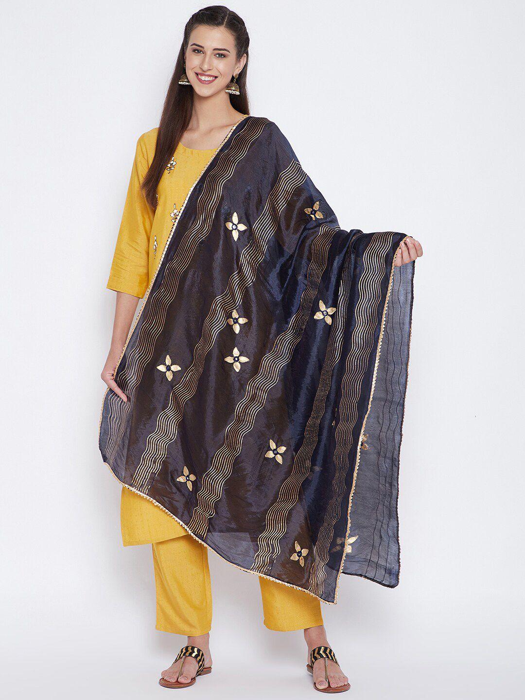 clora creation navy blue & gold-toned printed dupatta with mirror work