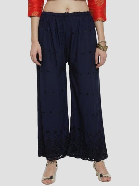 clora creation navy cotton embroidered palazzos
