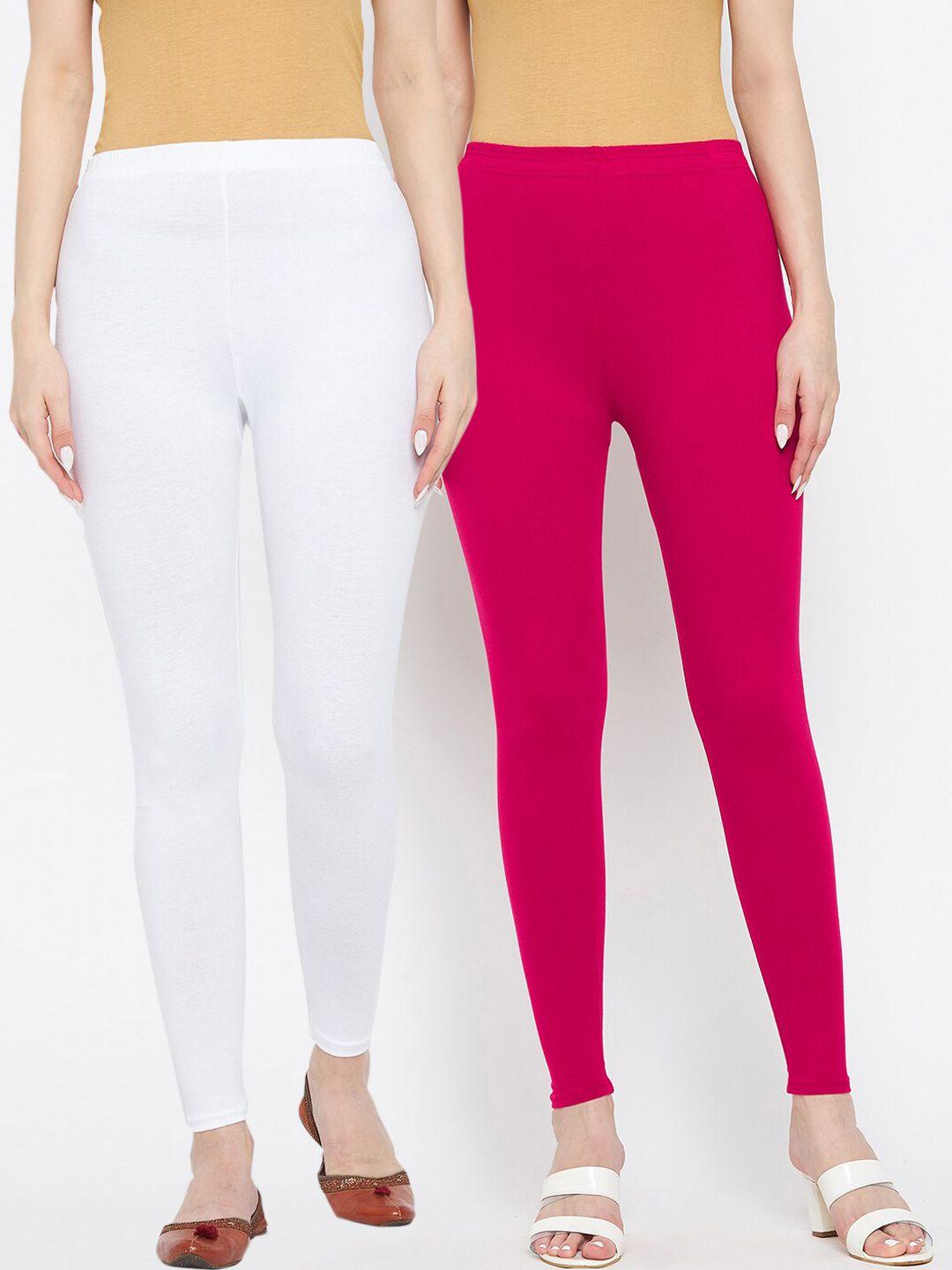 clora creation pack of 2 magenta & off-white solid ankle length leggings