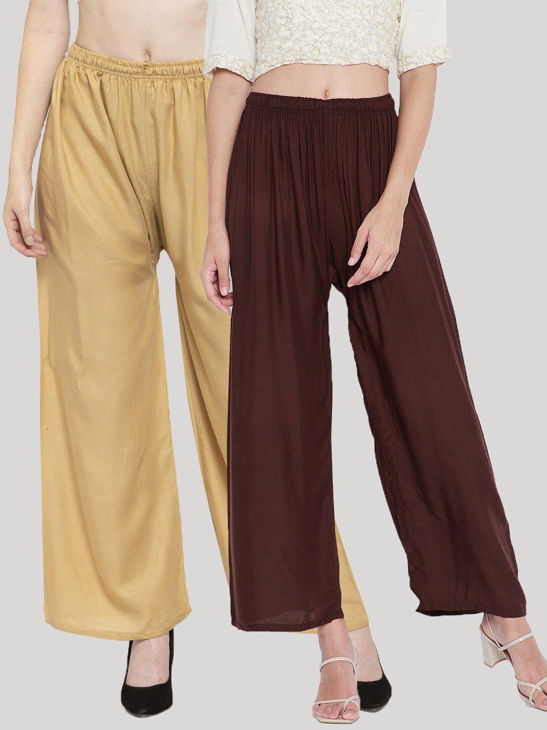 clora creation pack of 2 women beige & brown palazzos