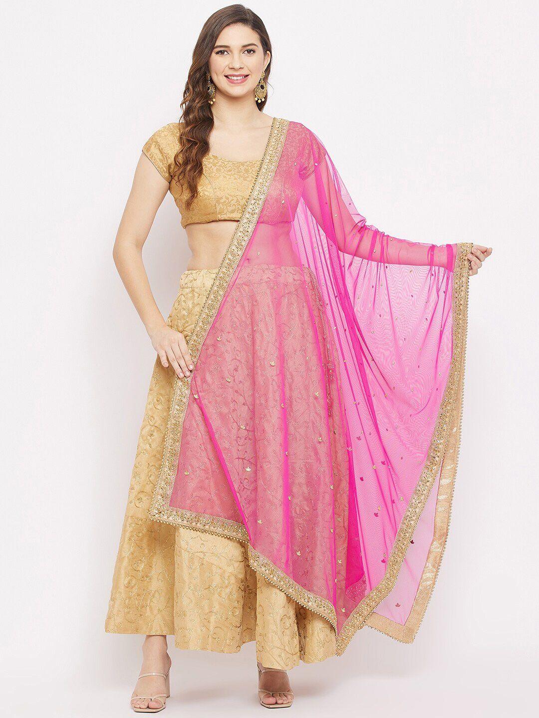 clora creation pink & gold-toned ethnic motifs embroidered dupatta with gotta patti