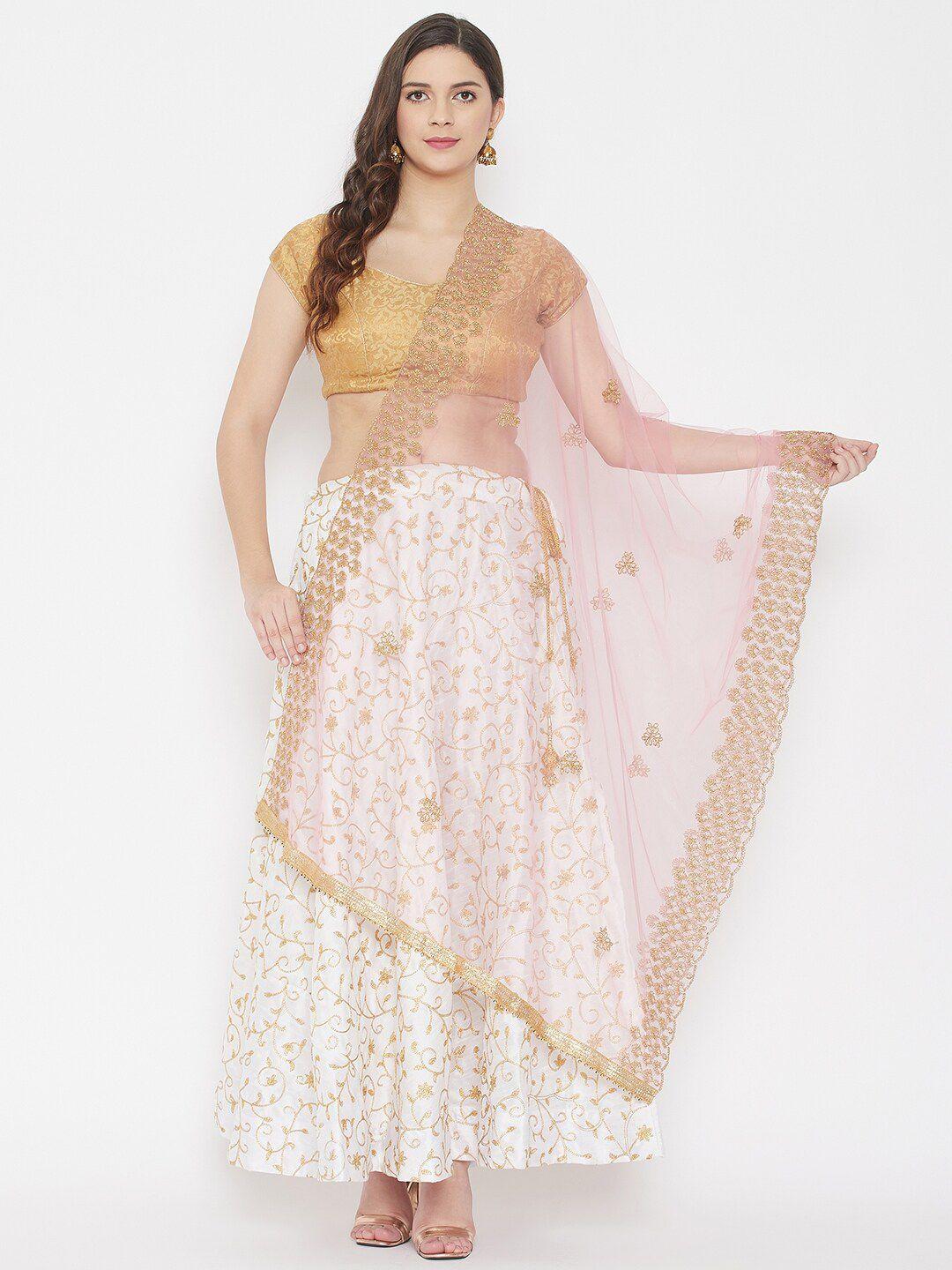 clora creation pink & gold-toned ethnic motifs embroidered dupatta