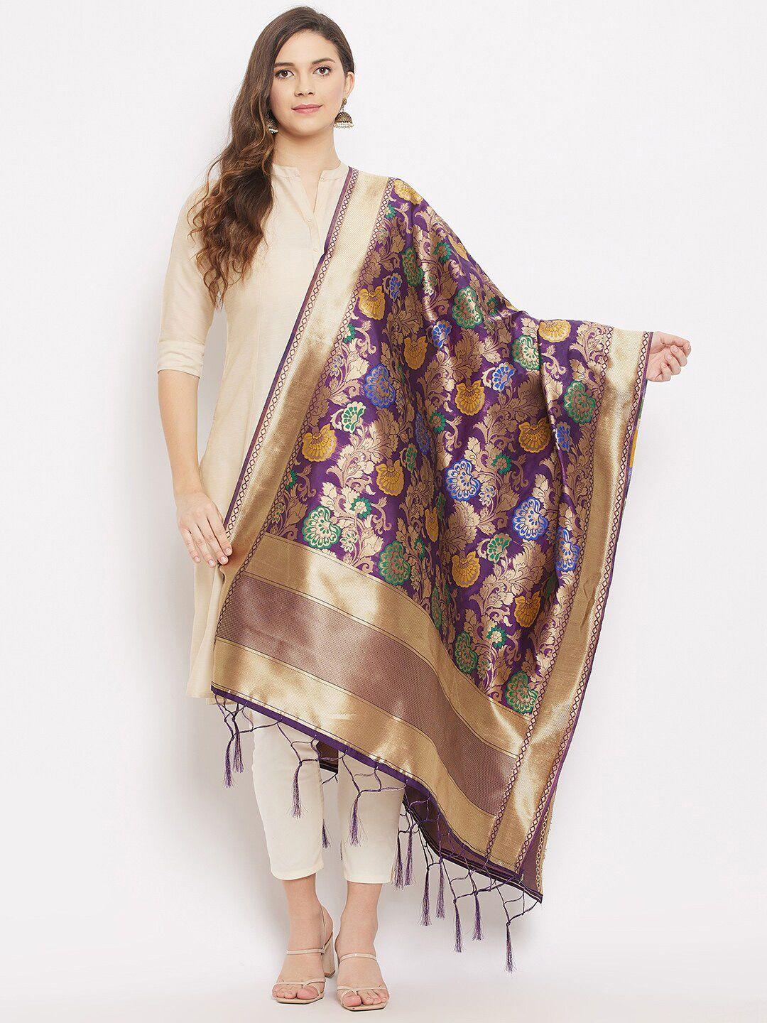 clora creation purple & gold-toned woven design dupatta