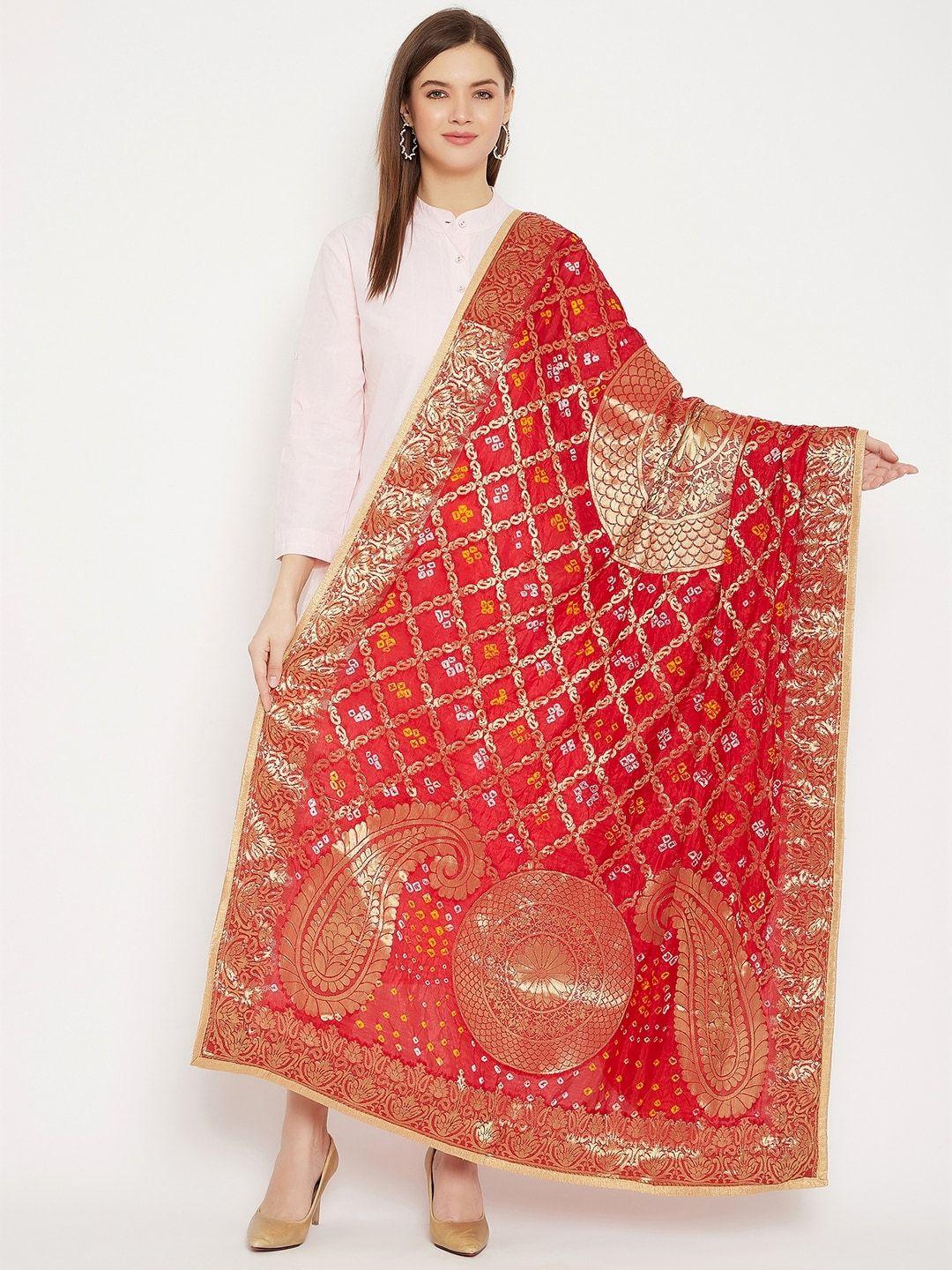 clora creation red & golden woven design dupatta