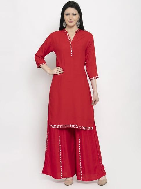 clora creation red & pink embellished kurta sharara set