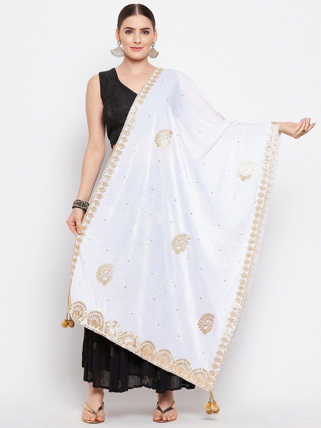 clora creation white & gold-toned ethnic motifs velvet dupatta with gotta patti