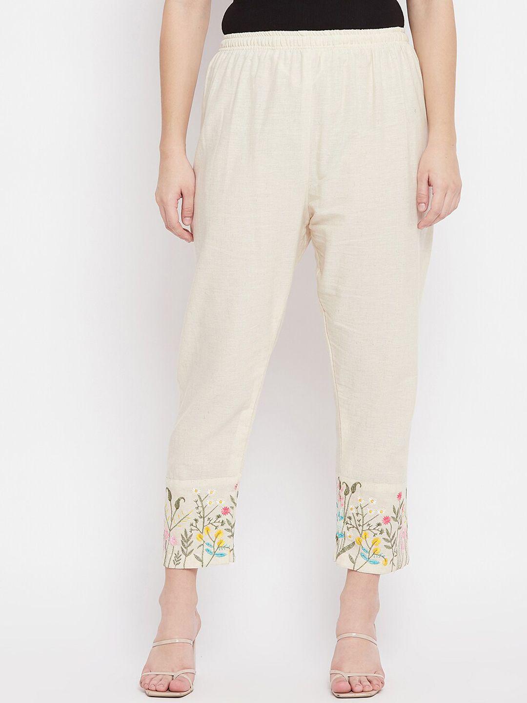 clora creation women beige floral embroidered cotton trousers