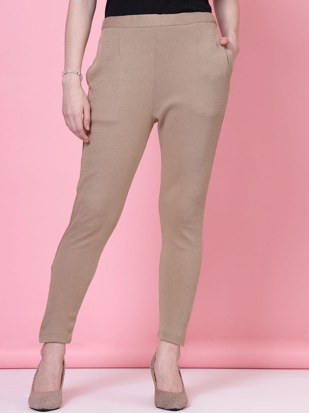 clora creation women beige smart easy wash trousers