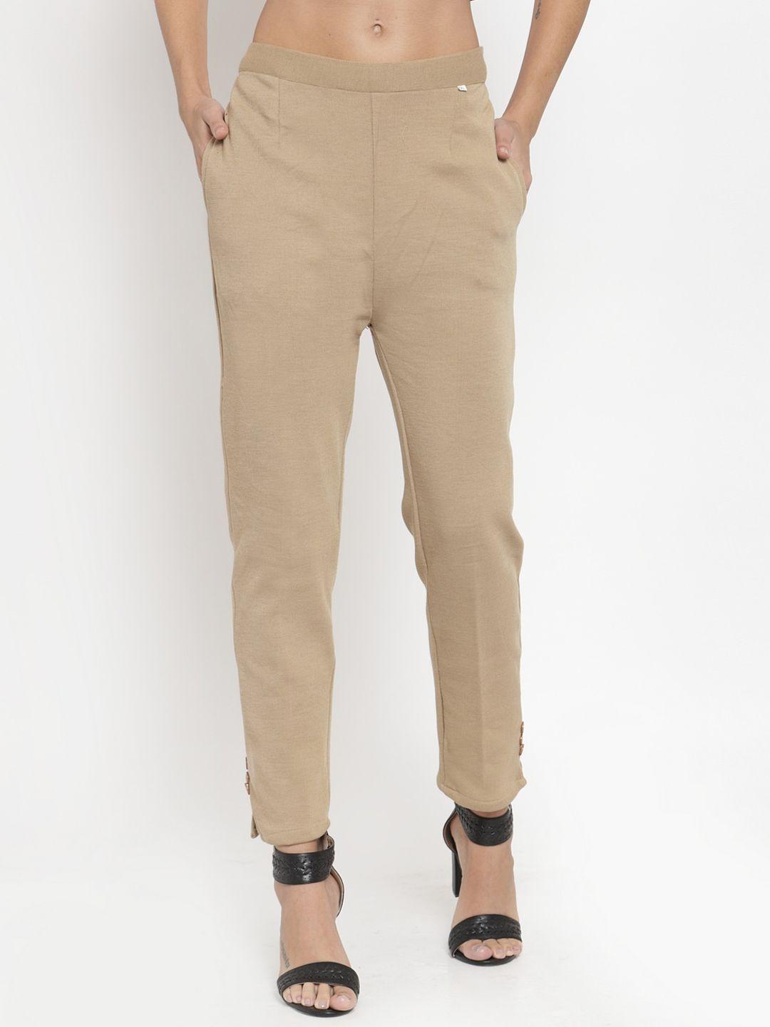 clora creation women beige smart easy wash woolen winter trousers