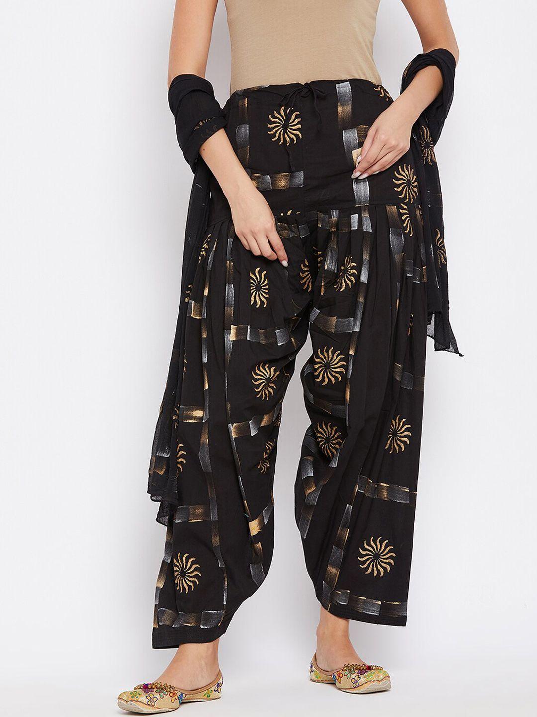 clora creation women black & gold-coloured printed cotton loose-fit salwar with dupatta
