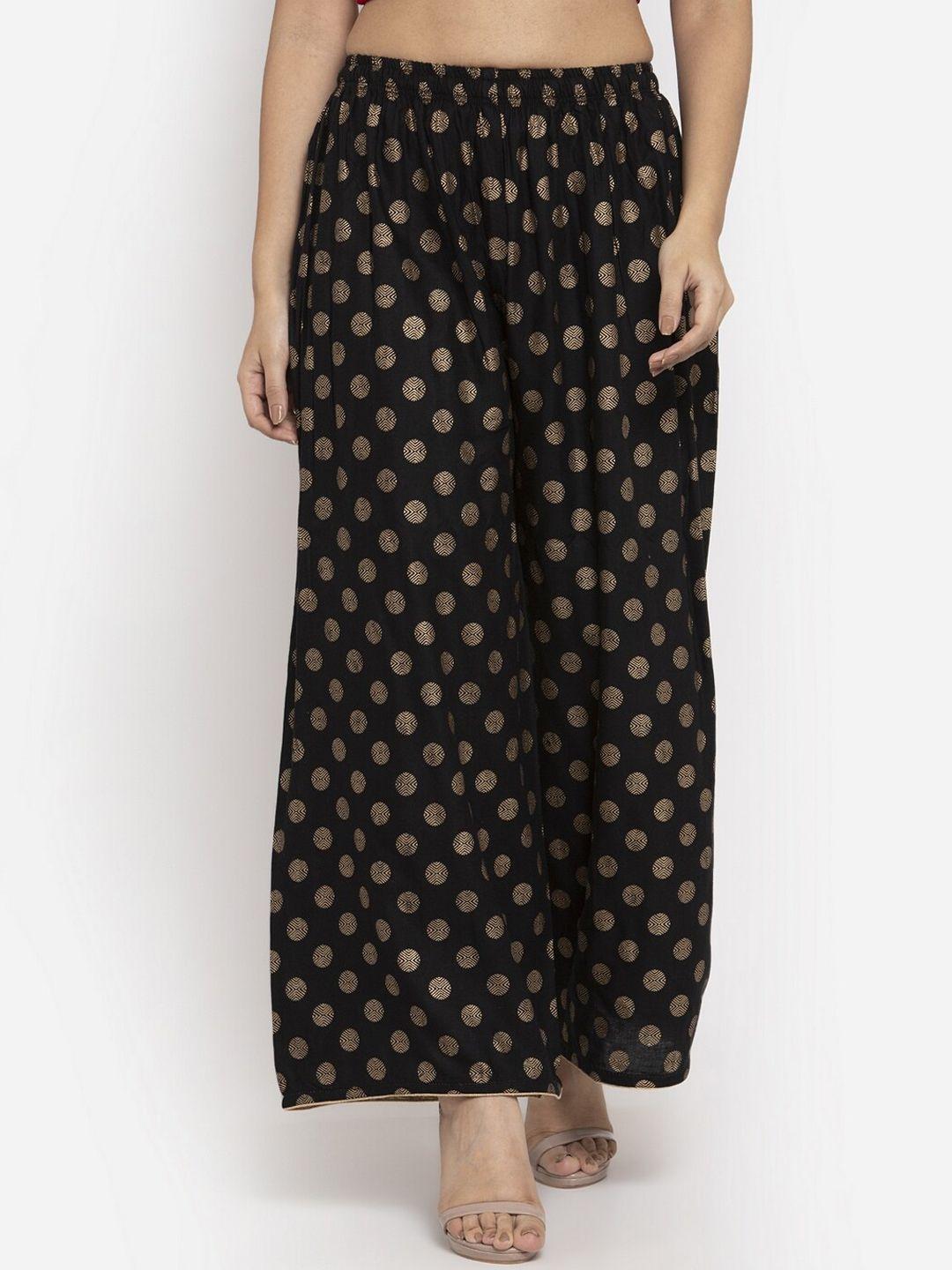 clora creation women black & gold-toned polka dot print wide leg palazzos