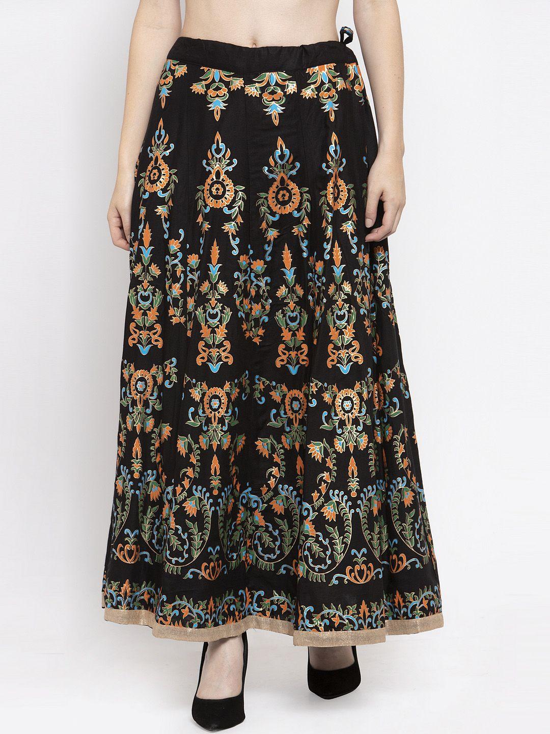 clora creation women black & orange printed flared maxi skirt