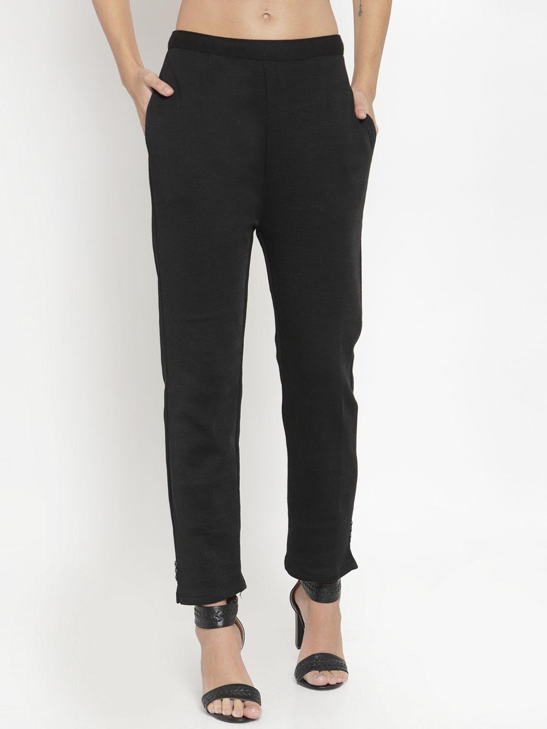 clora creation women black solid cropped woollen regular trousers