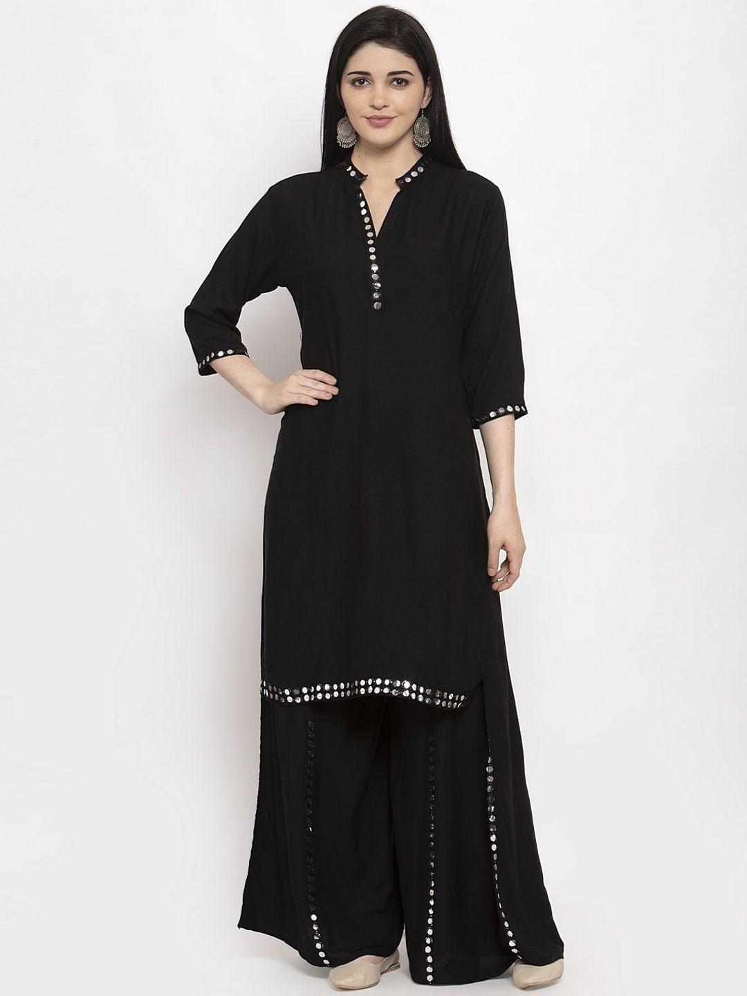 clora creation women black solid mirror work kurta with sharara