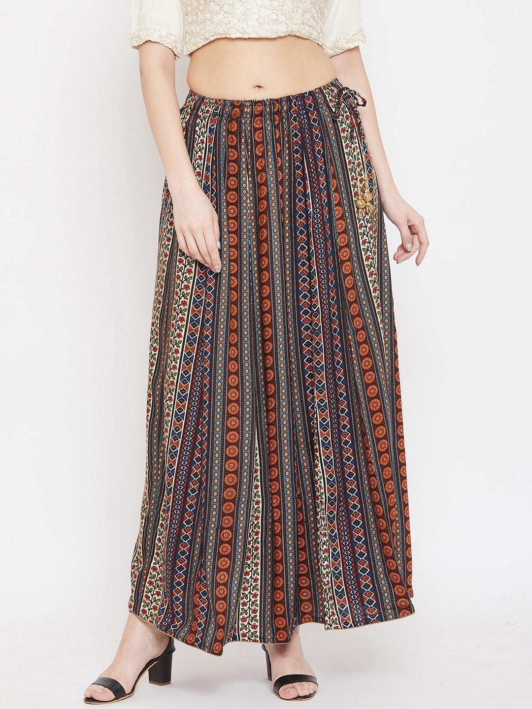 clora creation women brown & red printed flared maxi skirt