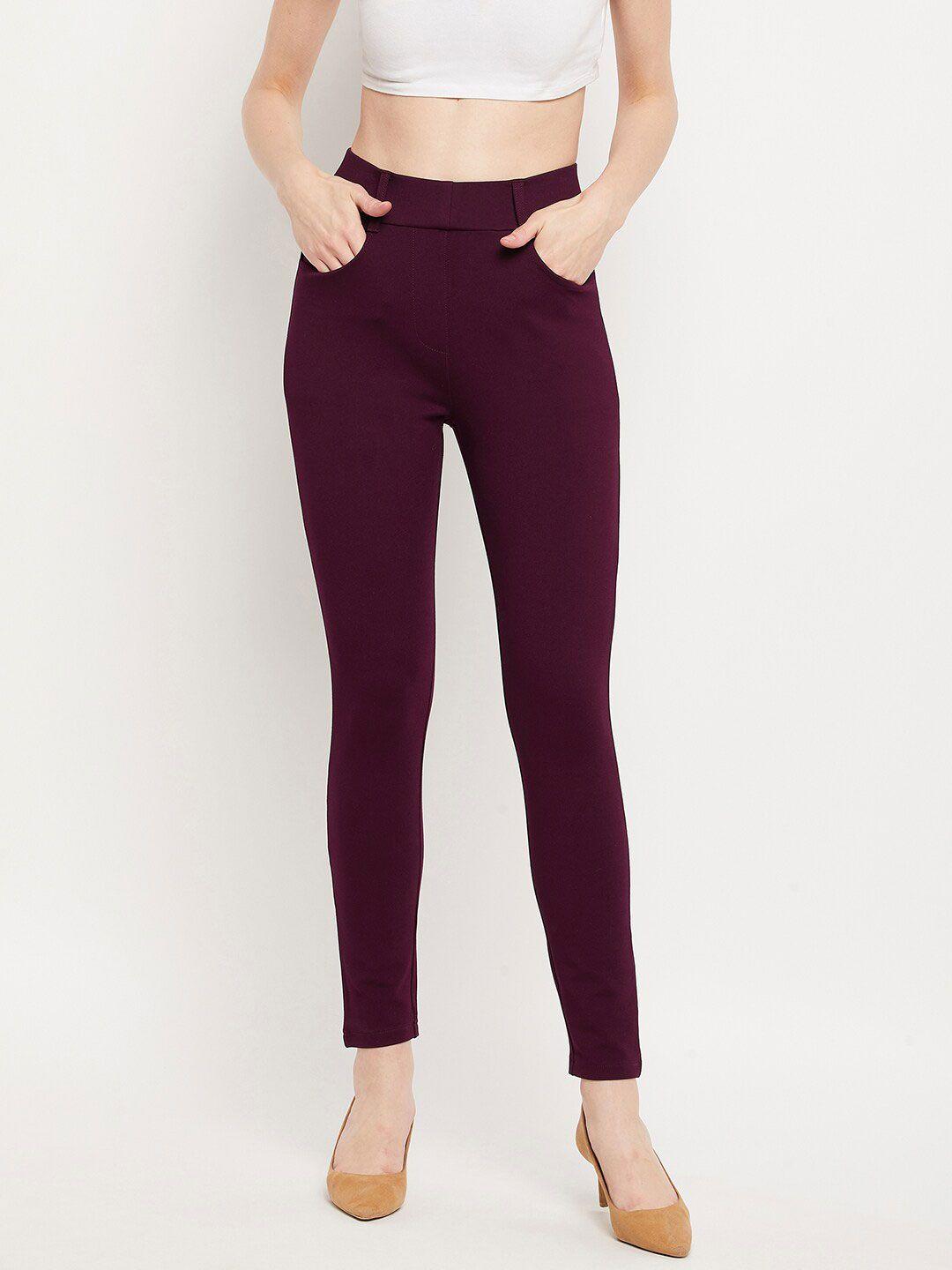 clora creation women burgundy solid regular fit jeggings