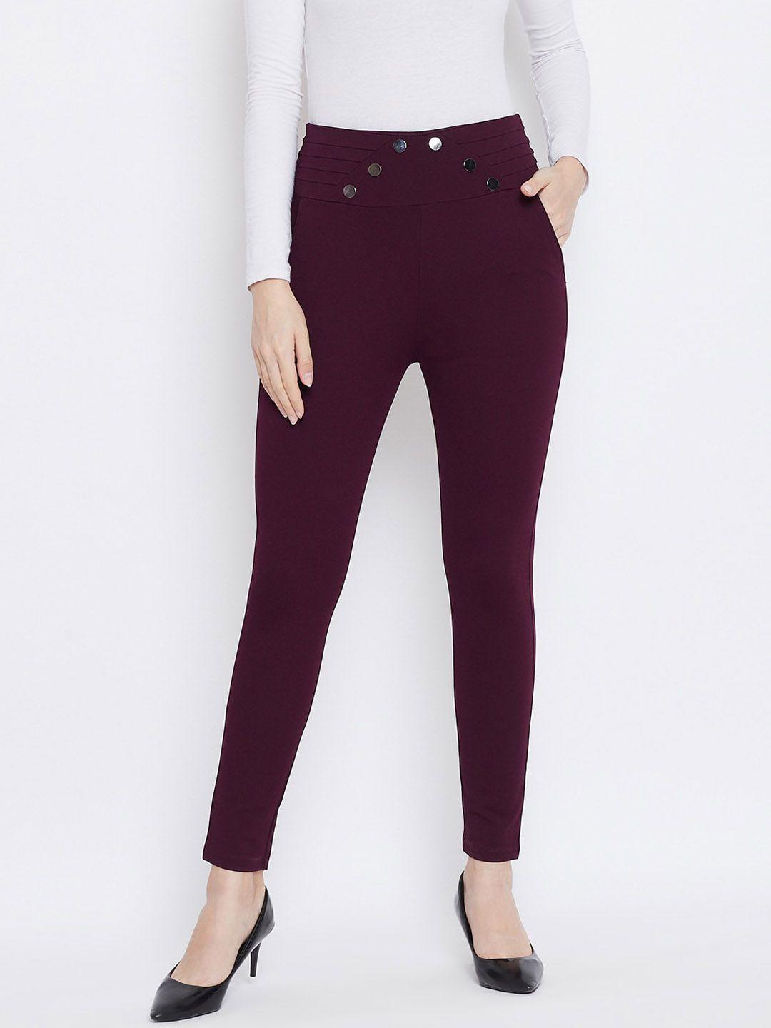 clora creation women burgundy solid skinny-fit treggings