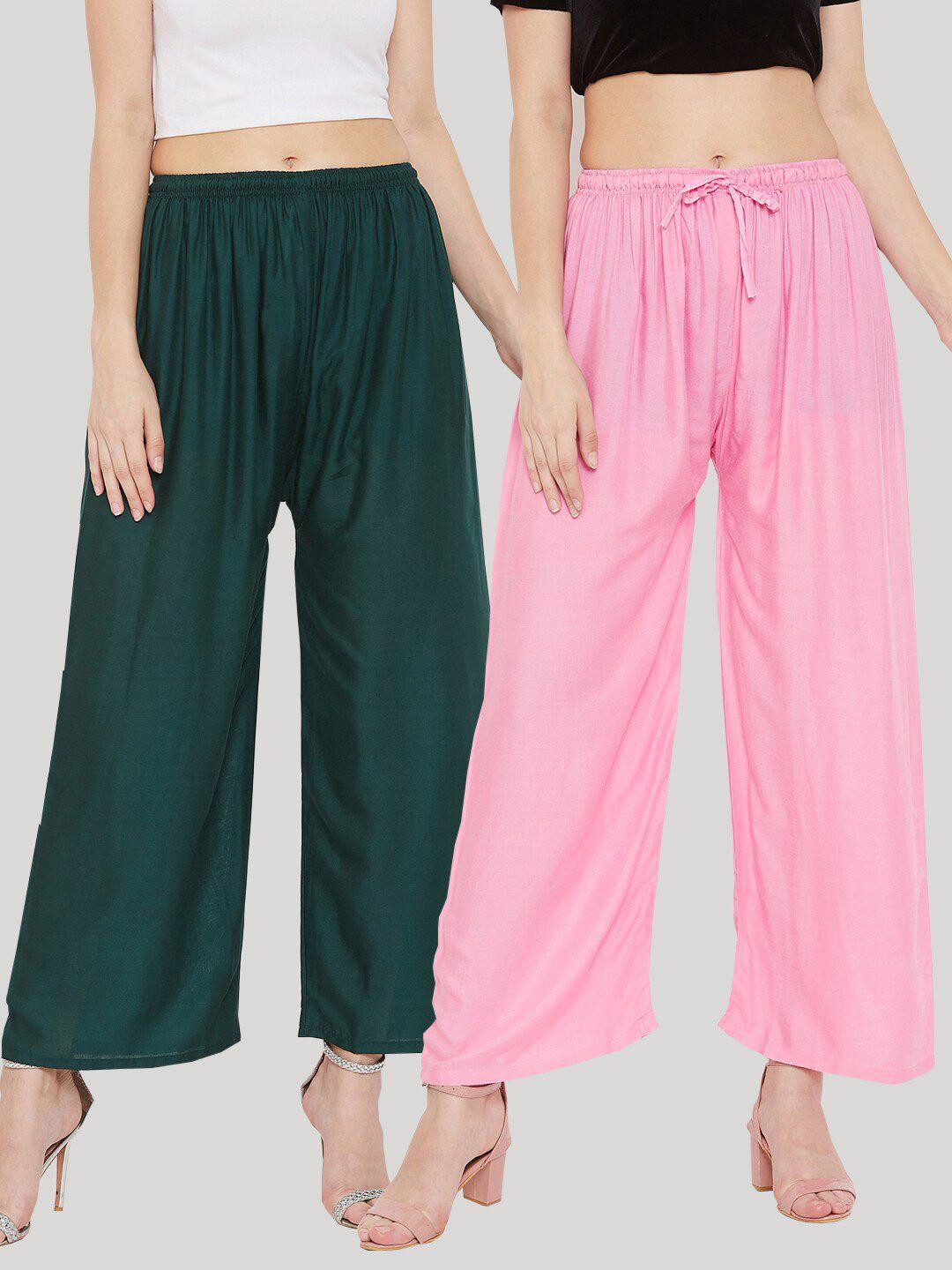 clora creation women green & pink ethnic straight palazzos pack of 2