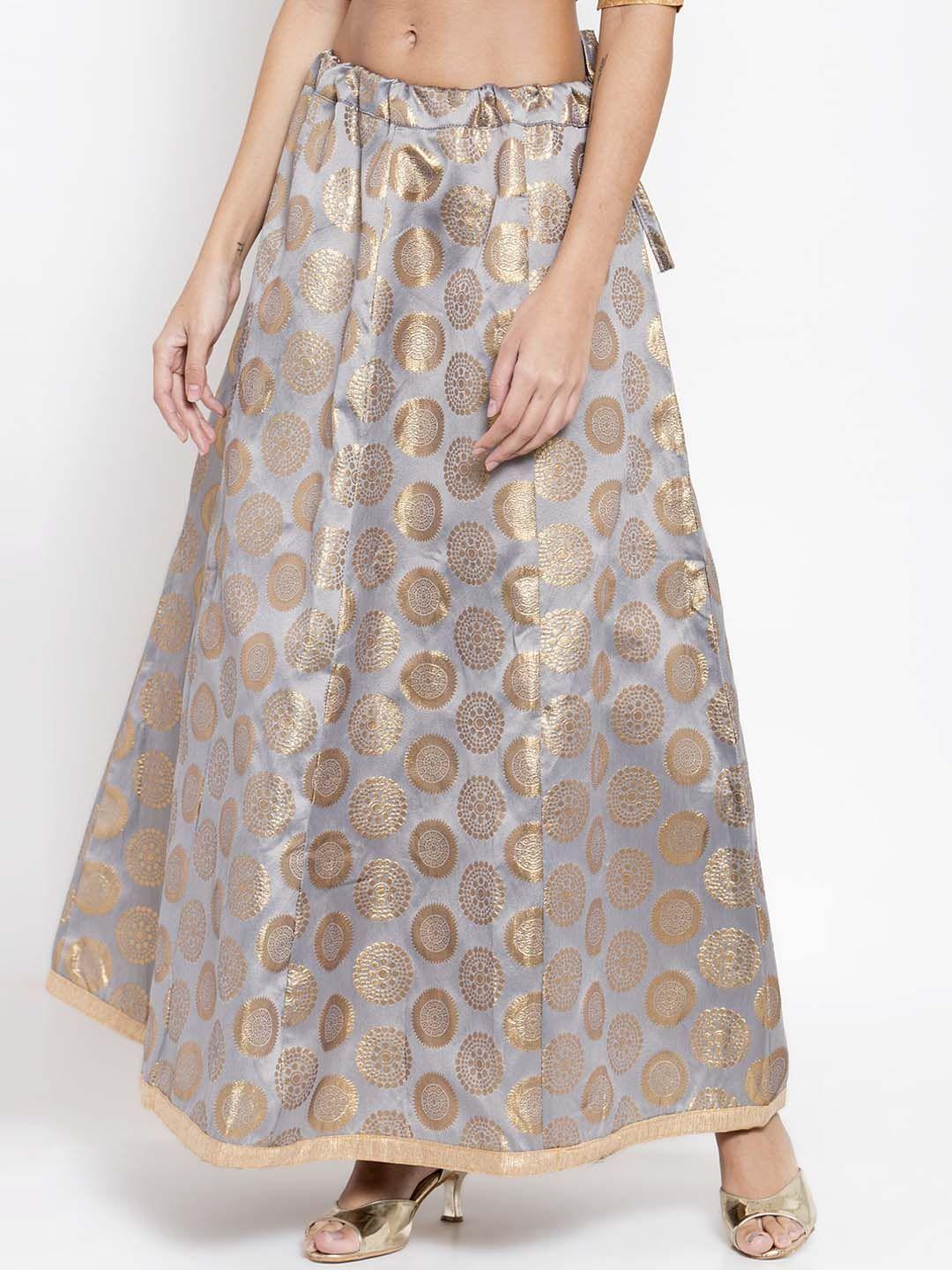 clora creation women grey & gold printed banarasi silk flared maxi skirt