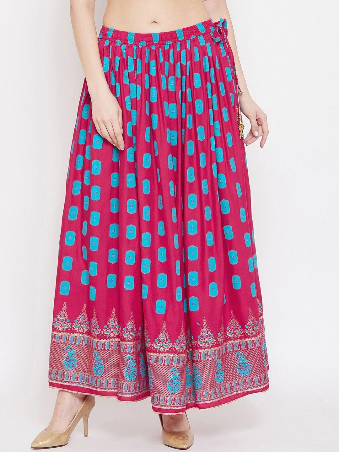 clora creation women magenta pink & turquoise blue printed flared maxi skirt