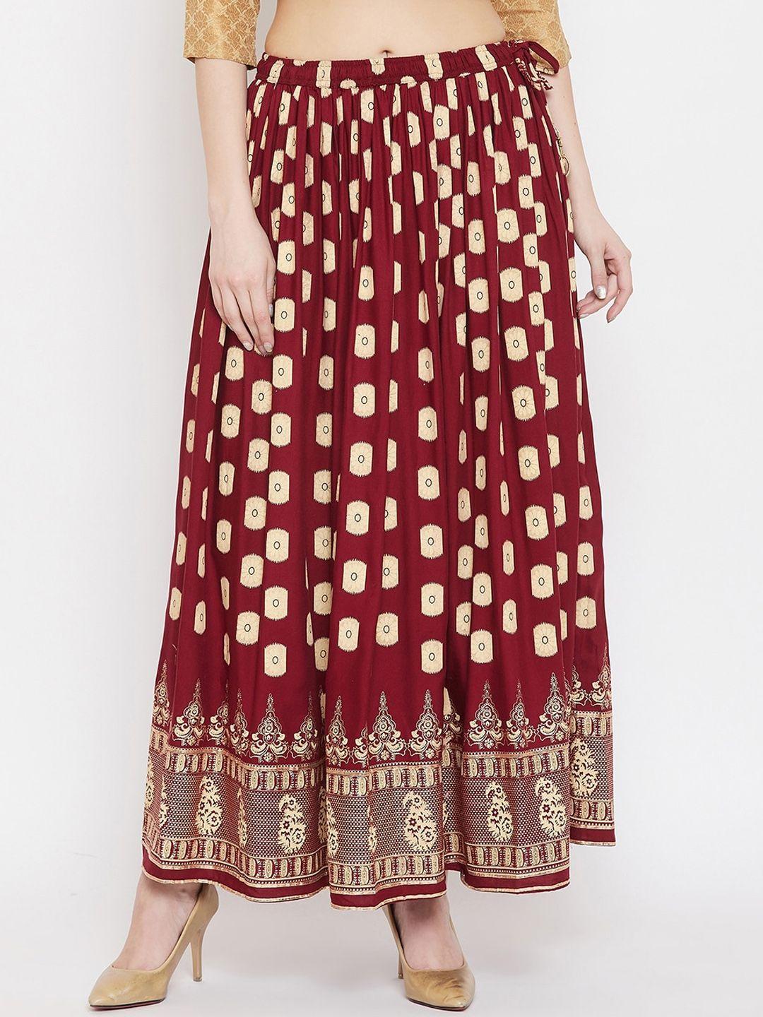 clora creation women maroon & beige printed flared maxi skirt