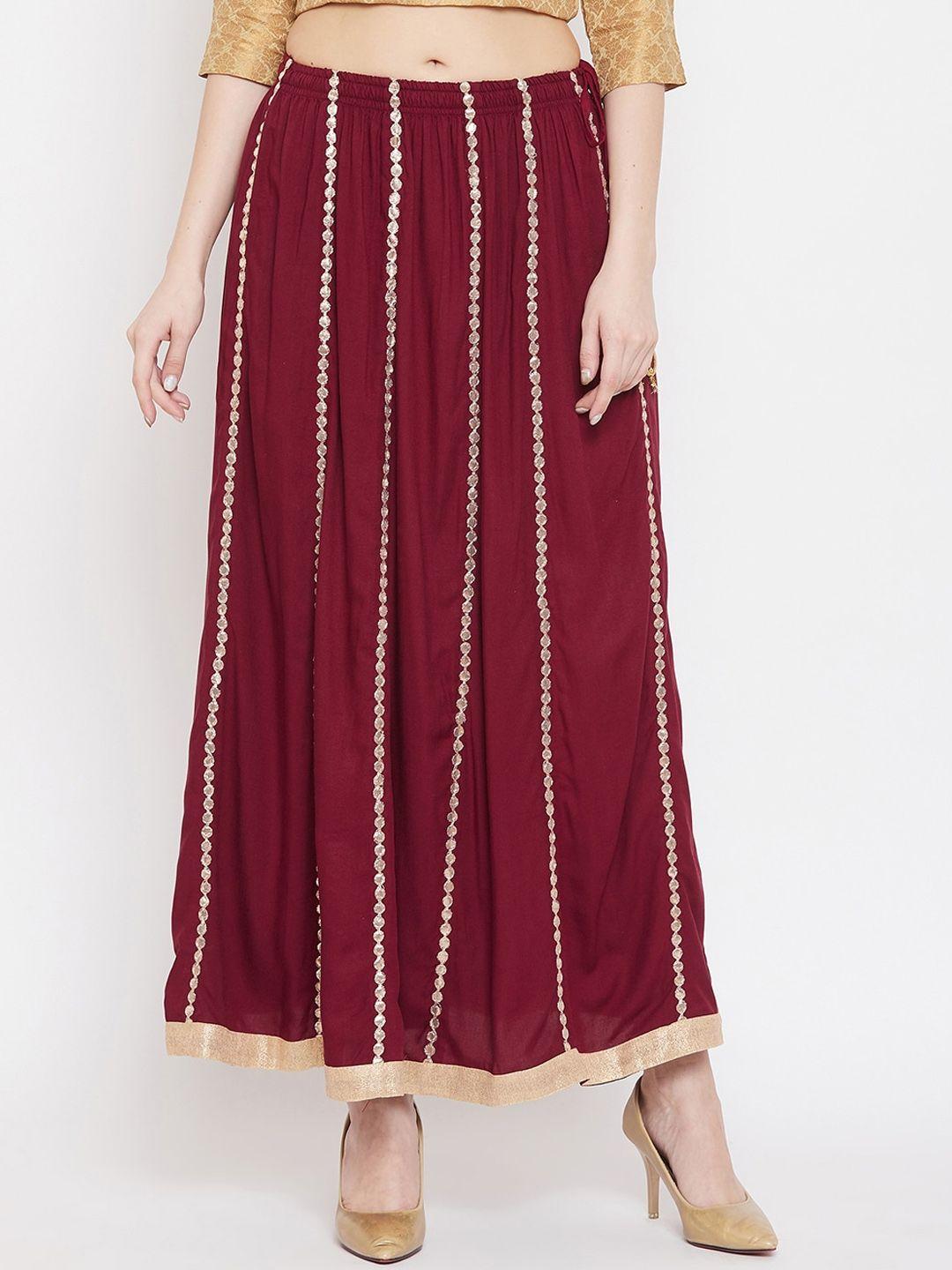 clora creation women maroon & gold-coloured embellished flared maxi skirt