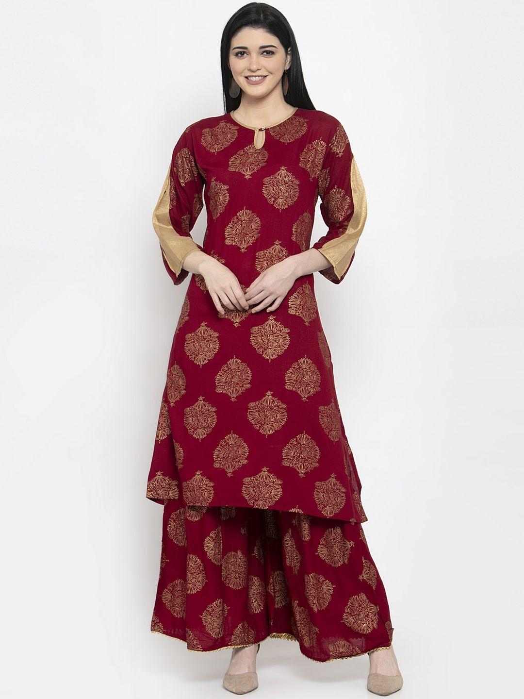 clora creation women maroon & gold-coloured printed kurta with palazzos