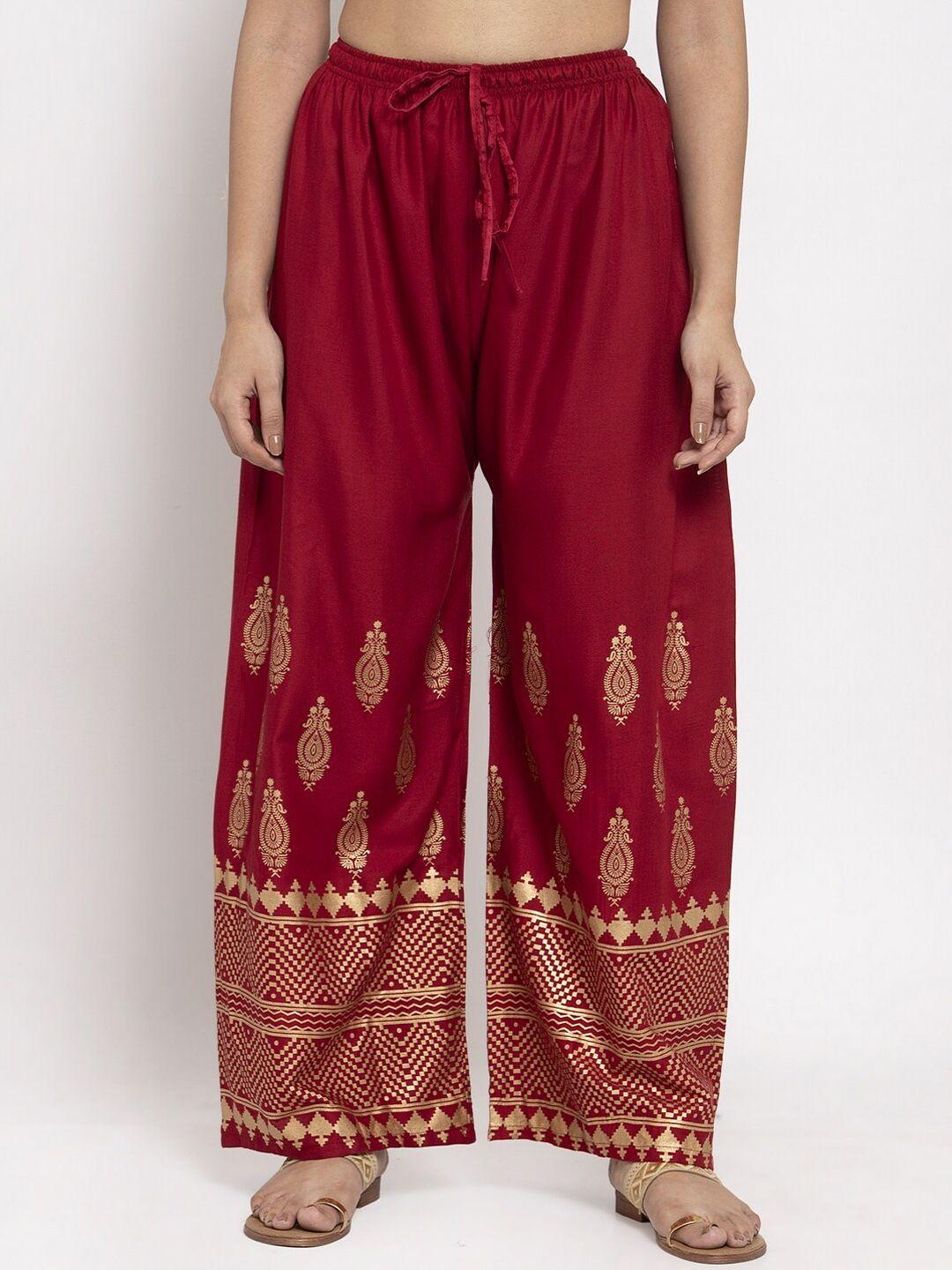 clora creation women maroon & gold-coloured printed straight palazzos