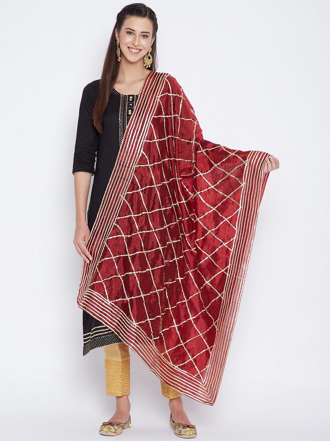 clora creation women maroon & gold geometric embroidered gotta patti silk dupatta