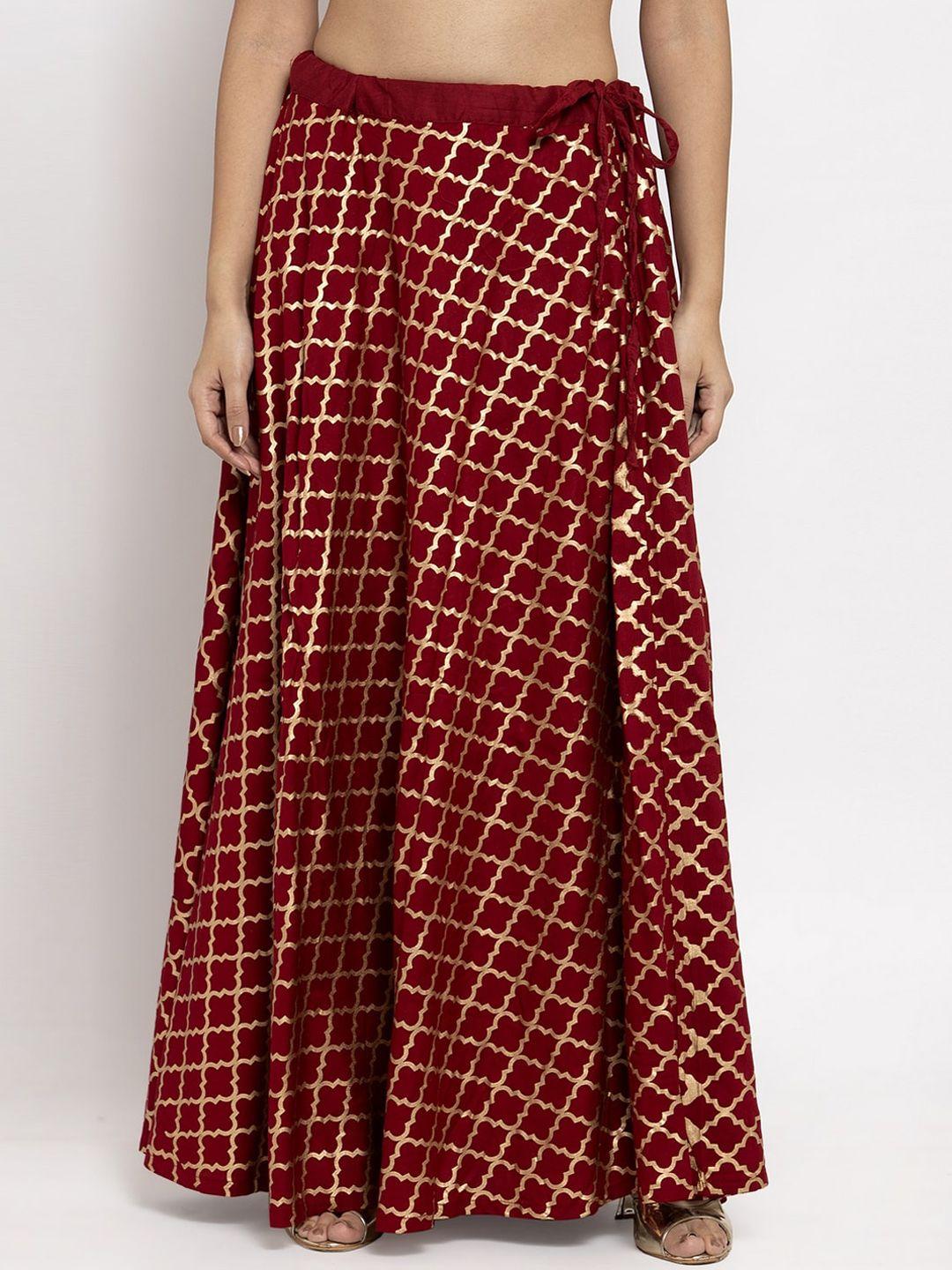 clora creation women maroon & gold printed flared maxi skirt