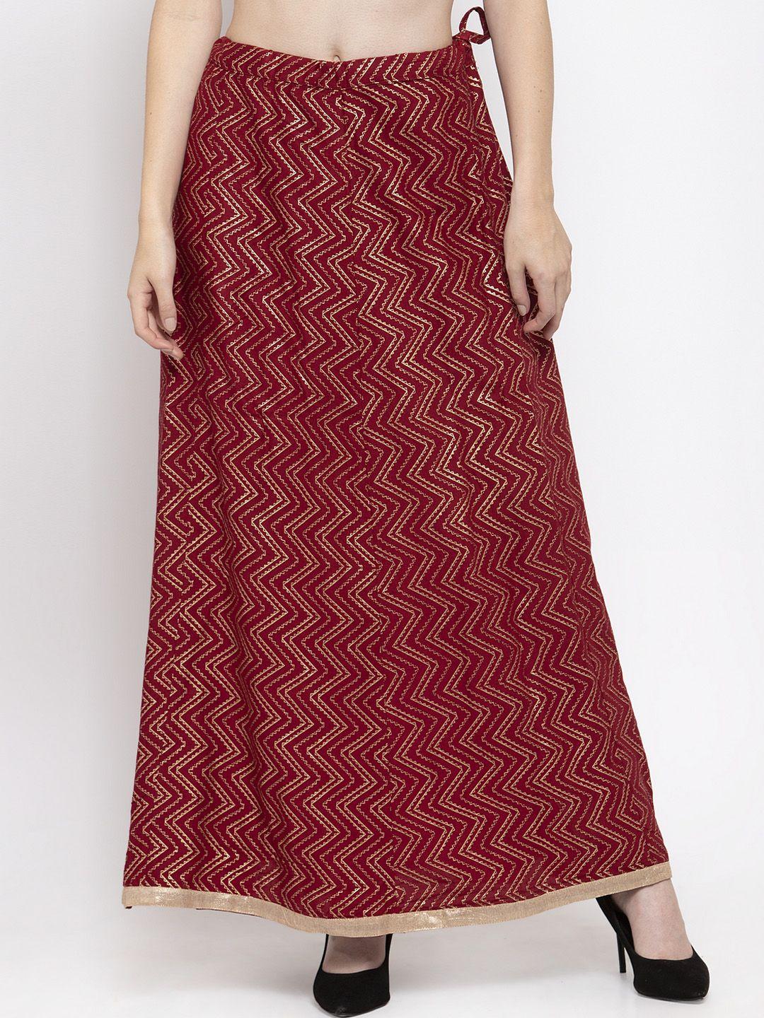 clora creation women maroon & gold-toned printed flared maxi skirt