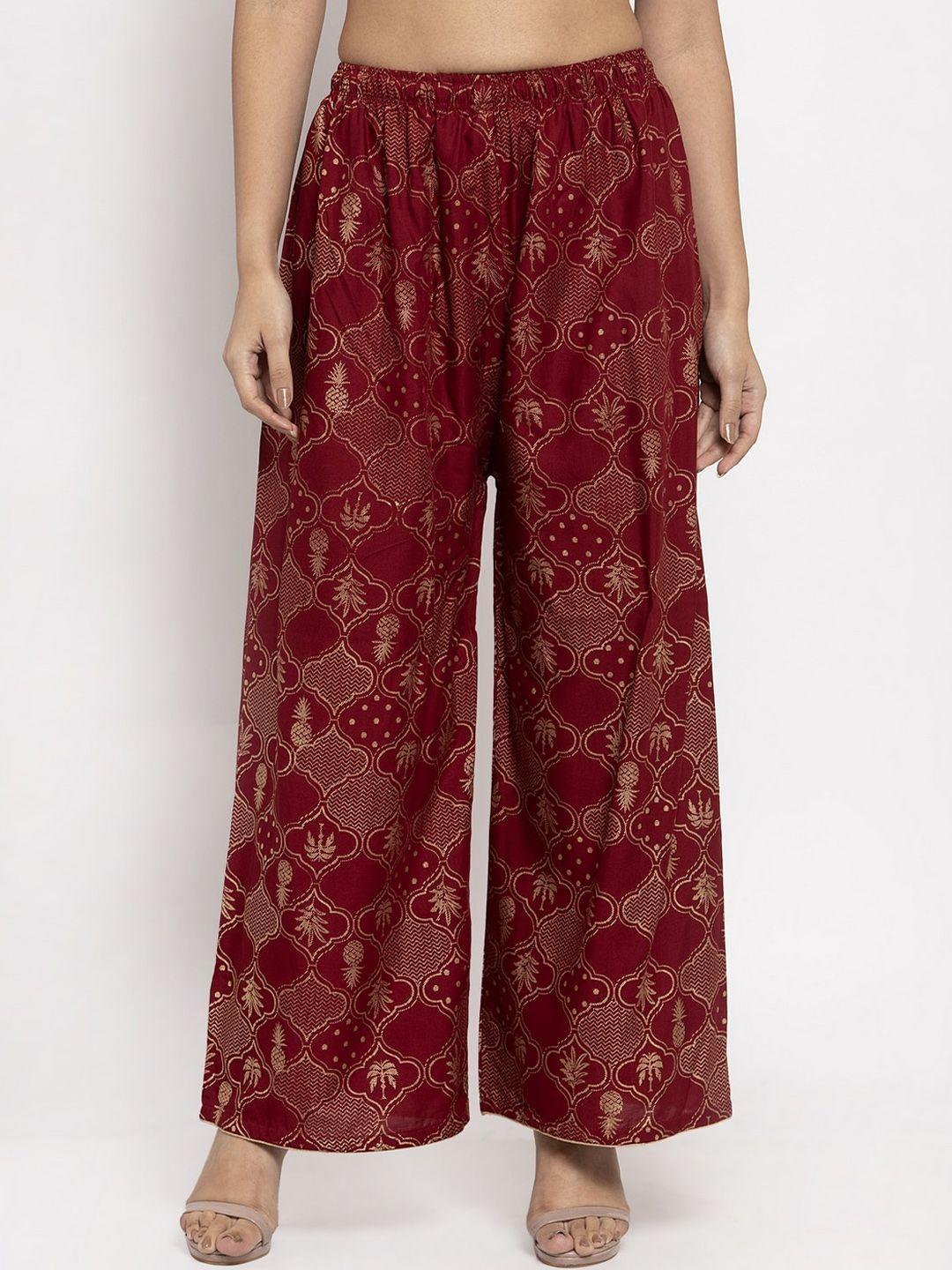 clora creation women maroon & gold-toned printed straight palazzos