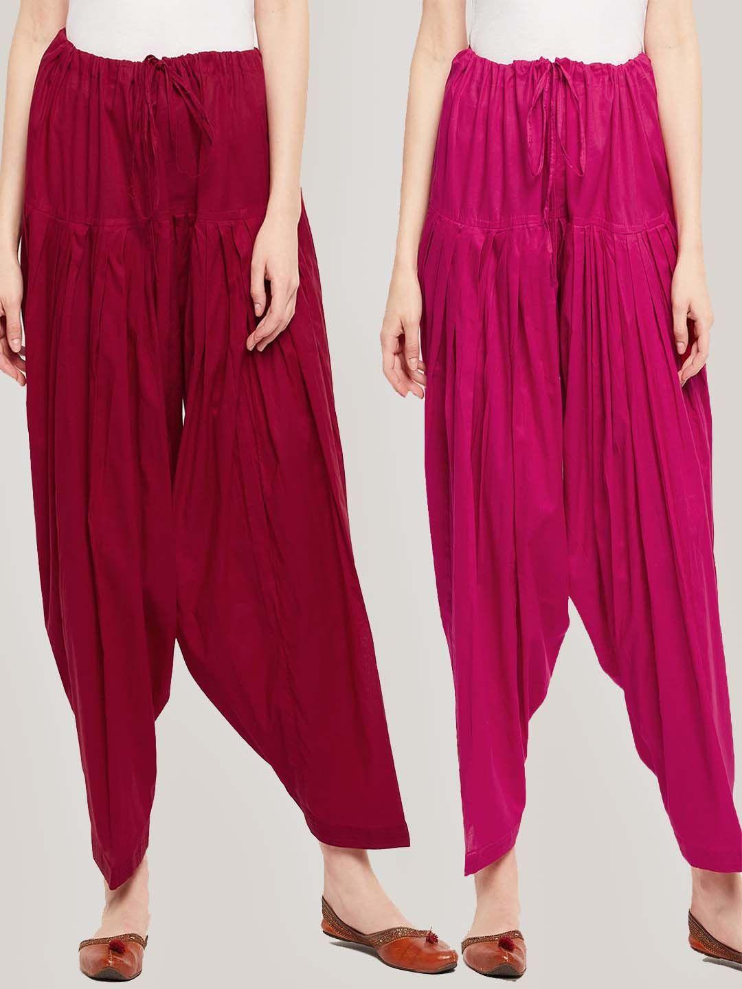 clora creation women maroon & magenta solid  pack of 2 solid loose-fit pure cotton salwars