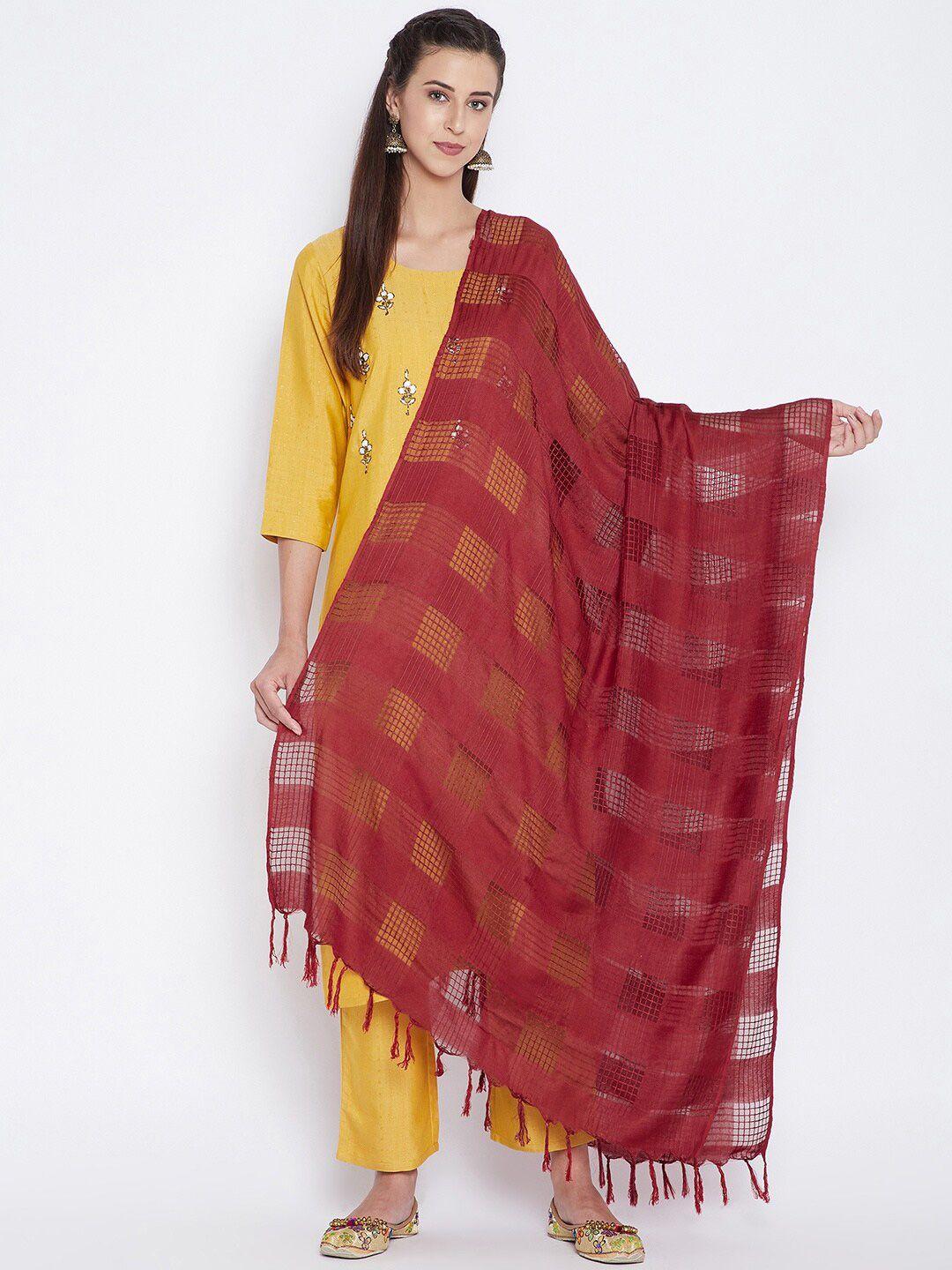 clora creation women maroon checked pure cotton dupatta