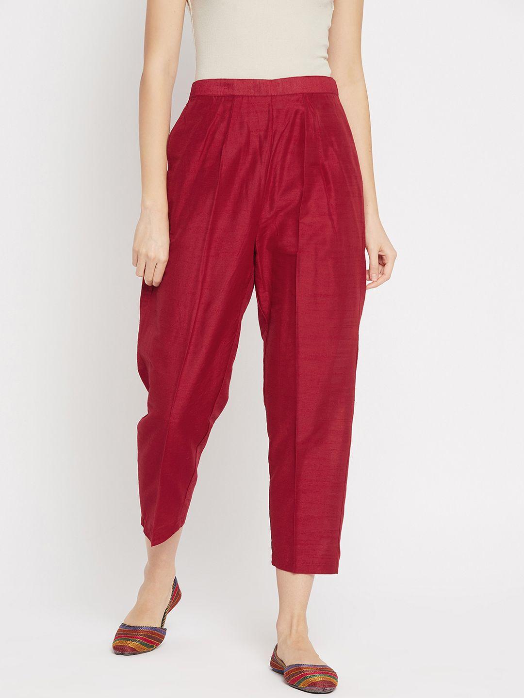 clora creation women maroon easy wash pleated cigarette trousers