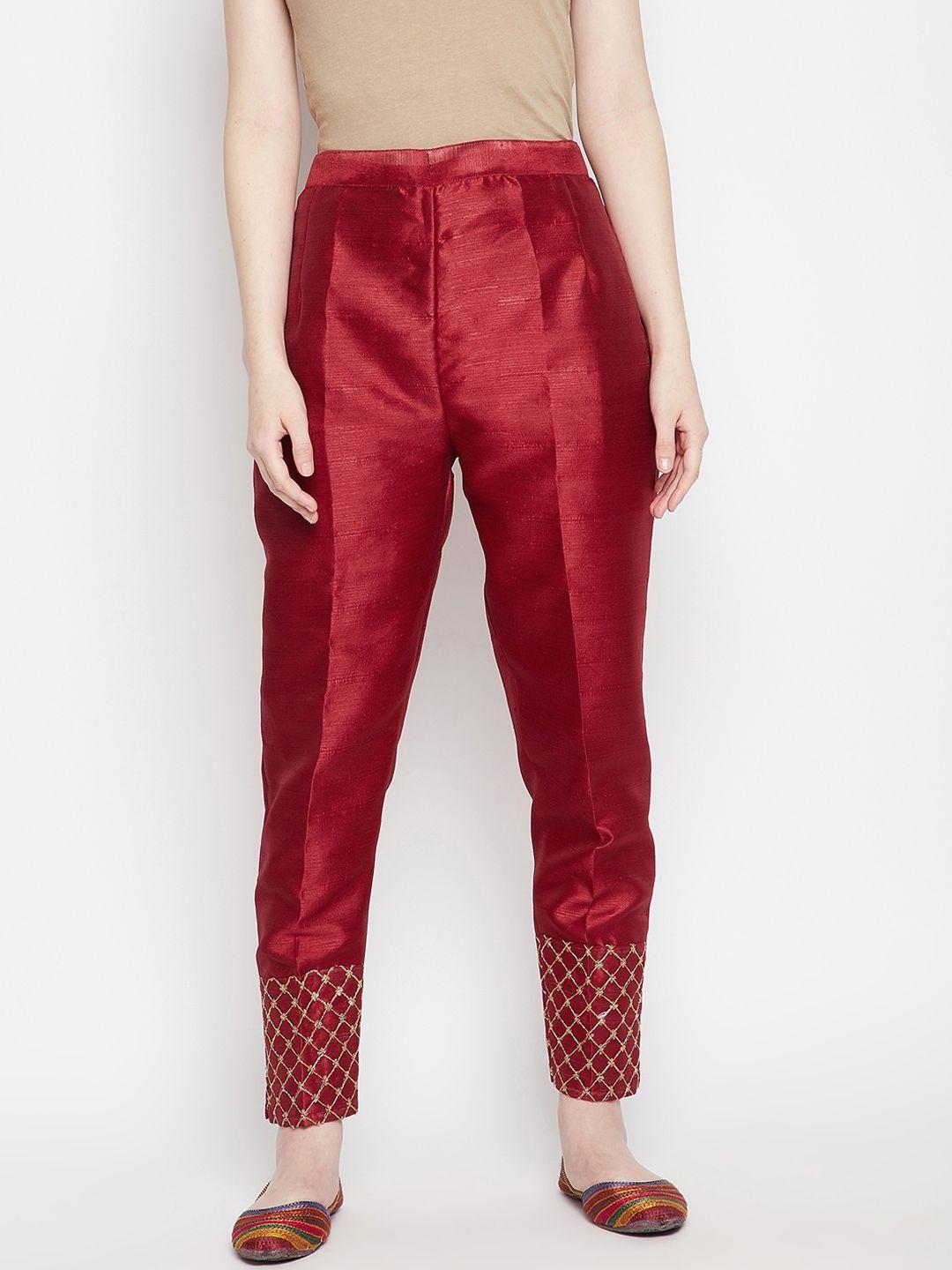 clora creation women maroon easy wash trousers