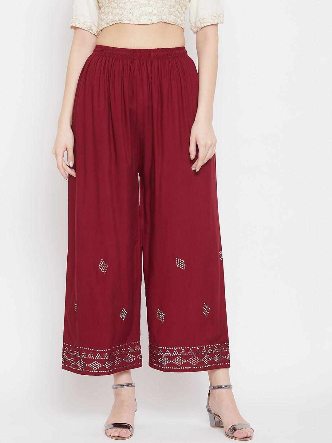 clora creation women maroon embellished wide leg palazzos