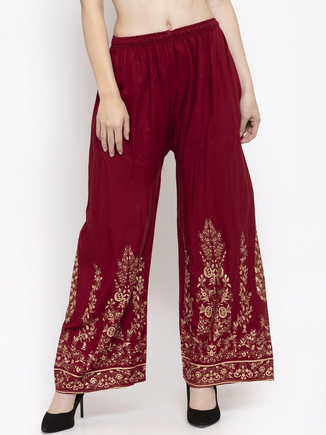 clora creation women maroon printed wide leg palazzos