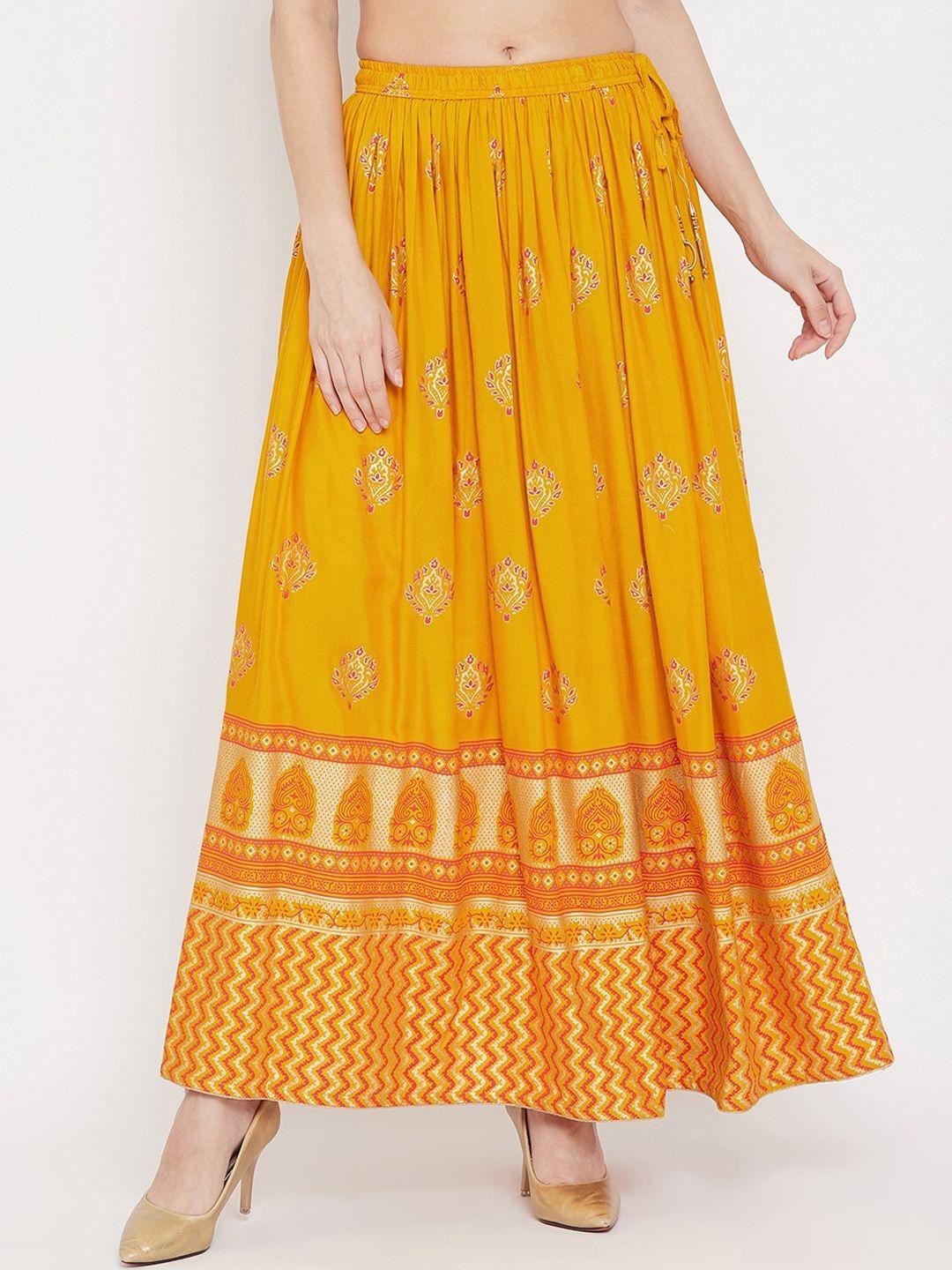 clora creation women mustard yellow & orange printed flared maxi skirt