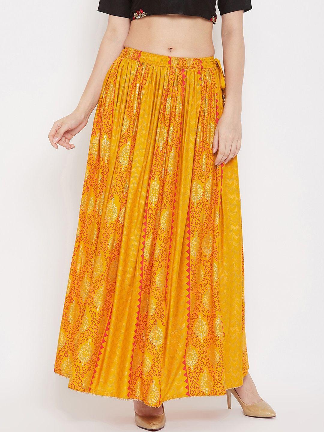 clora creation women mustard yellow & pink printed flared maxi skirt