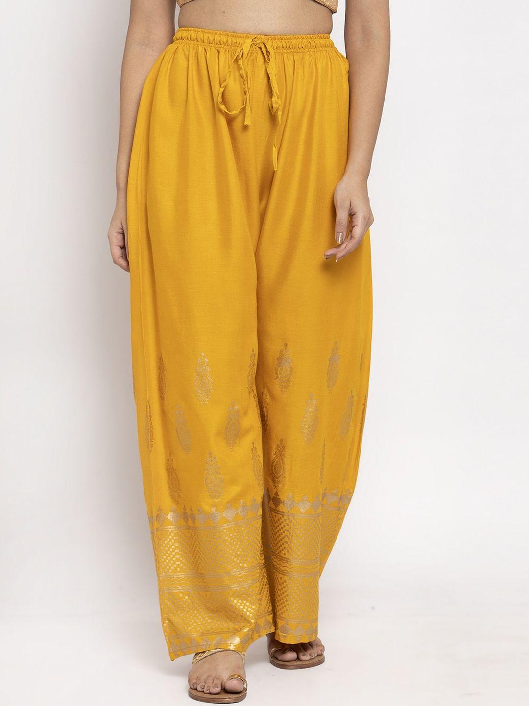 clora creation women mustard yellow printed straight palazzos