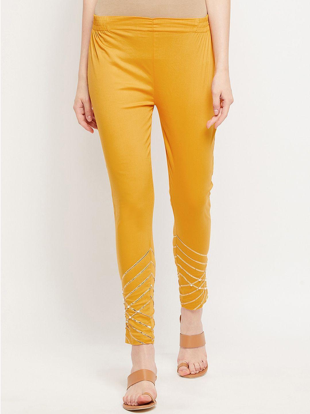 clora creation women mustard yellow smart trousers