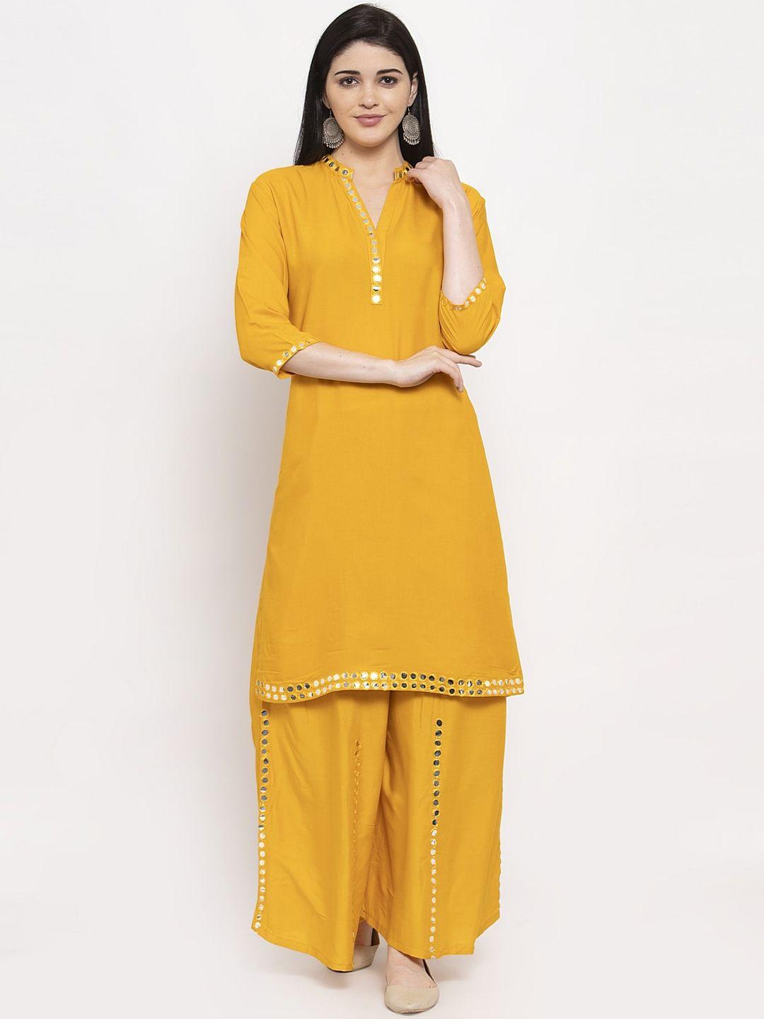 clora creation women mustard yellow solid kurta with palazzos