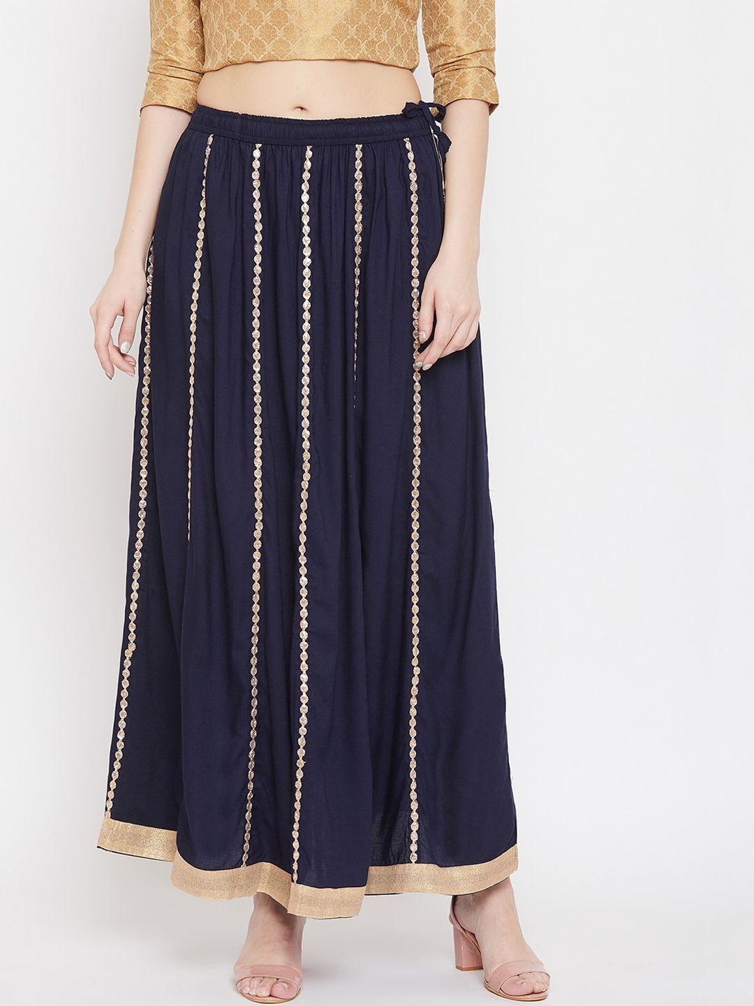 clora creation women navy blue & gold-colour embellished flared maxi skirt