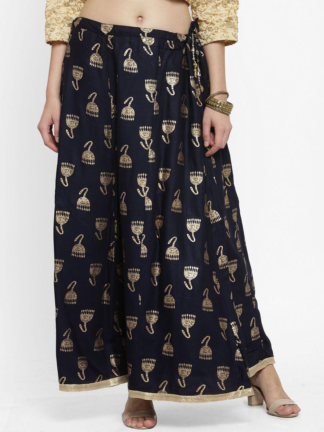 clora creation women navy blue & gold-toned printed flared maxi skirt