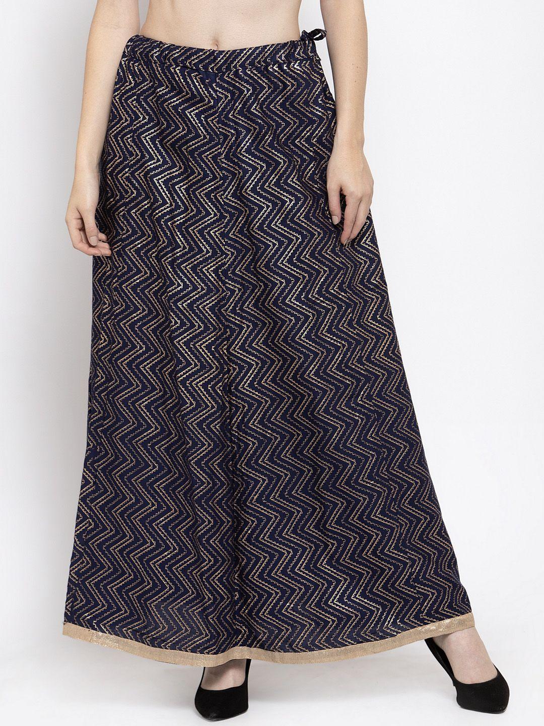 clora creation women navy blue & gold-toned printed flared maxi skirt